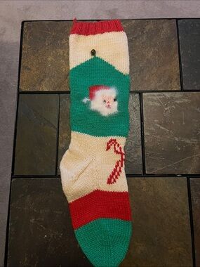 Vintage (1960’s) Handmade Holiday Christmas Stocking with Santa & Candy Cane-EUC